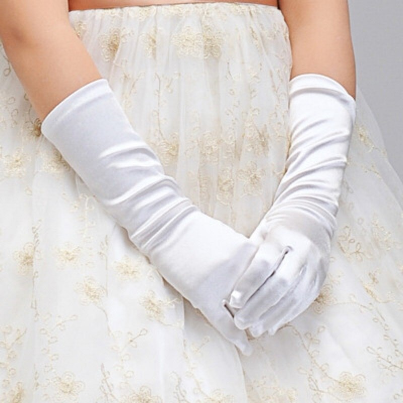 Guantes largos de la muchacha de la flor del satén de la Seda brillante de la princesa rosa para el desfile Formal de la boda de la del disfraz ST308: Blanco