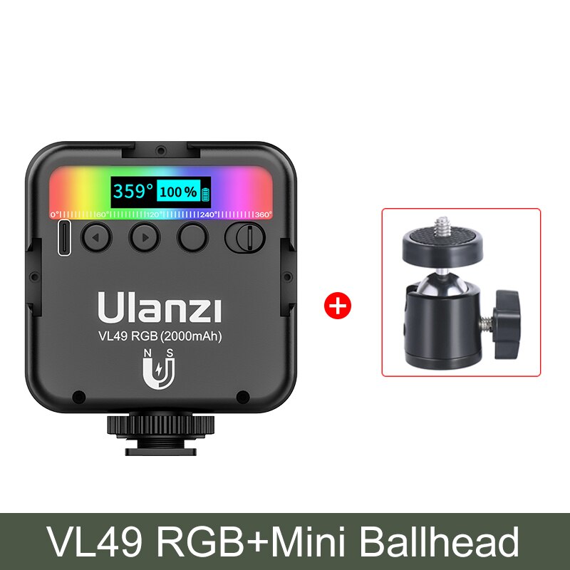 Ulanzi-luz em cores led para vídeo, tipo c, 2500k-9000k, 800lux, potência magnética: With Mini Ballhead