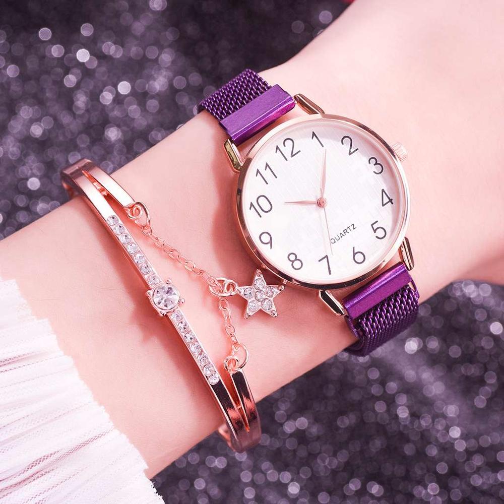 Ensemble de 2 montres pour femmes avec bracelet en maille magnétique et aimant en or, montres à quartz à chiffres arabes pour femmes