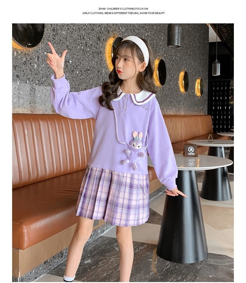 Teenage Girls Dress Autumn Girl Long-sleeved Plaid Dress Children's Lapel Sweater Dress: 140CM 7T