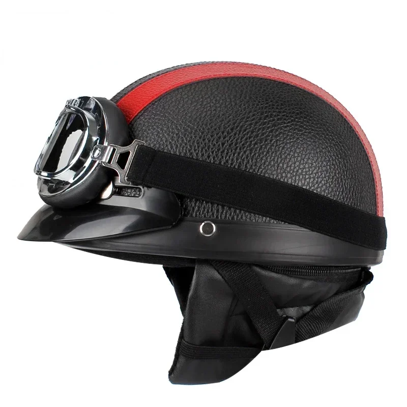 Classic Stripe Motorcycle Safety Helmet Men Women PU Leather Vintage Motor Electric Scooter Goggles Half Helmets