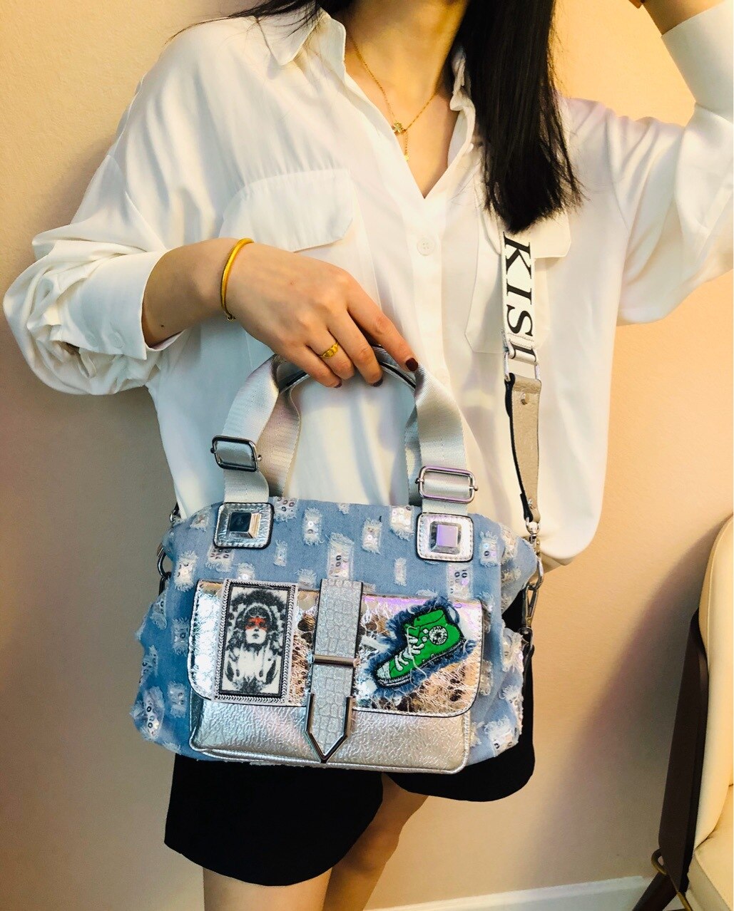 Sac à main en tissu Denim déchiré pour femmes, sacoche à la , , loisirs quotidiens, taille moyenne, Hobo