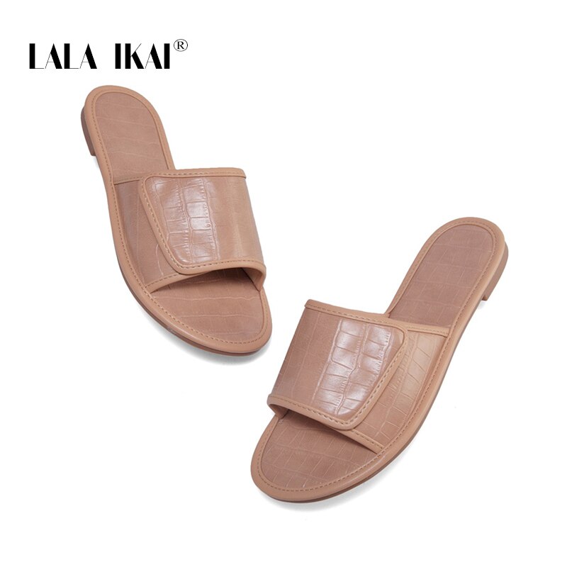 LALA IKAI Summer Flat Slippers Stone Pattern Women's Shoes Solid Color Velcro Women Flip Flop Zapatos de mujer