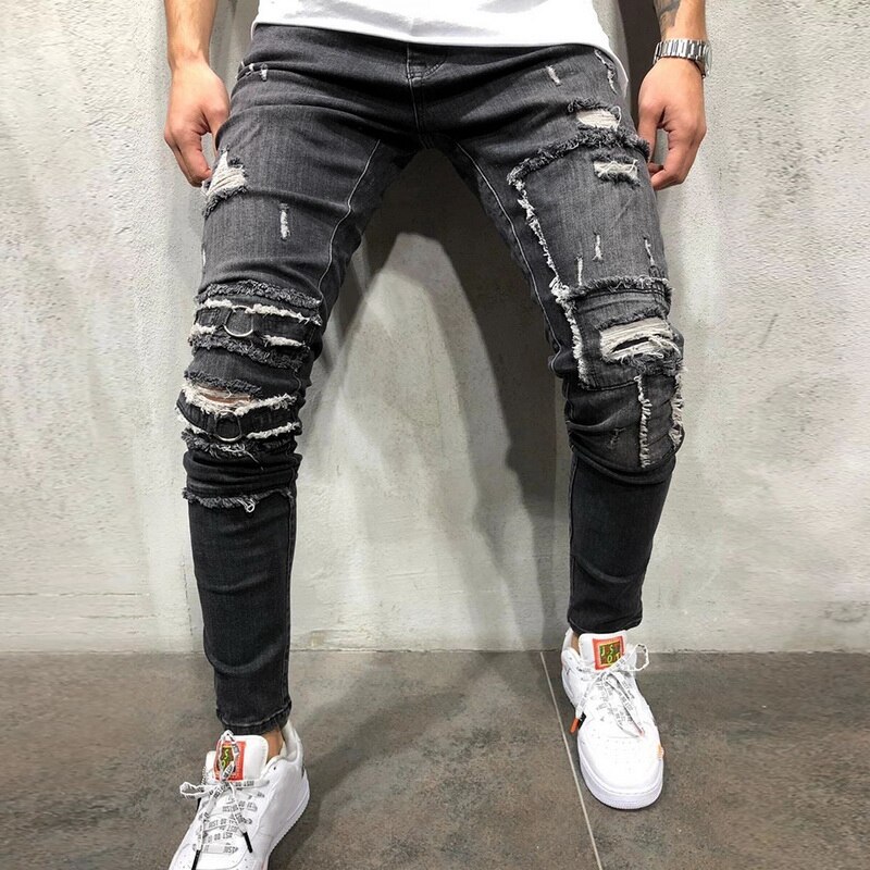 Nueva Slim Fit apretado agujero Vaqueros Hombre Vaqueros Skinny botón pantalones de pitillo vaqueros de talla grande otoño Pantalones Hombre