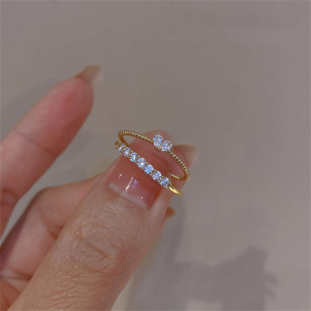 2 pçs estético elegante delicado cristal coração anéis para mulheres meninas cor de ouro empilhável delicado amor dedo anel conjunto jóias: Branco