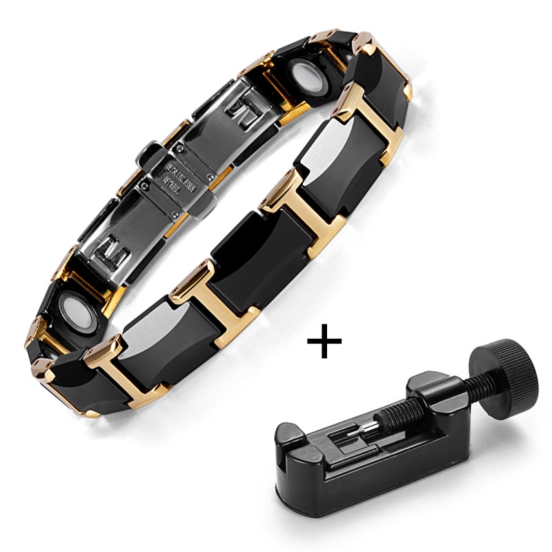 Rainso Black Ceramic Tungsten Steel Charm Magnetic Health Care Link Bracelets for Women with Gold color ORB-216-01BKG: G bracelet adjust