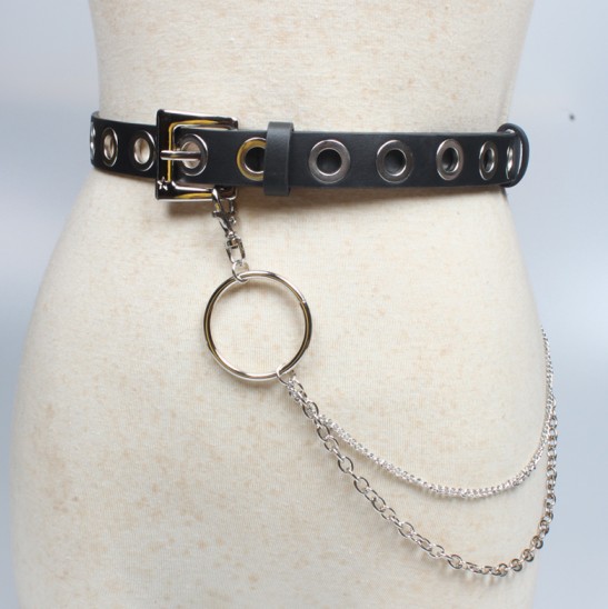 Gotisk kunstlæder bælte dame sølv pin metal kæde ring talje rem street dance dekorere bælter til kvinder pige jeans sort: Default Title