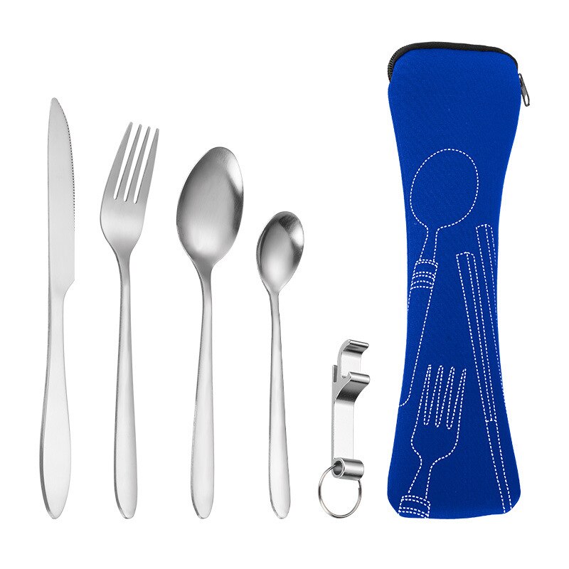 Portable Tableware Bag Cutlery Bag Dinner Set Travel Packaging Storage Box Dinnerware Picnic Fork Spoon Bag Tableware with Bag: Blue  5pcs