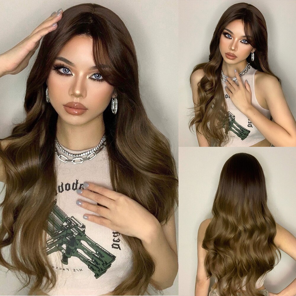 JONRENAU Long Wavy Brown to Light Brown Ombre Synthetic Wigs Partial Fringe Natural for Women Daily Party Wig Heat Resistant: 237-2
