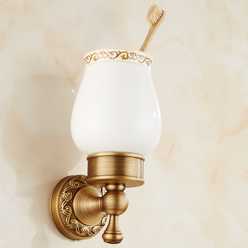 Soporte de cepillo de dientes de latón antiguo soporte de cepillo de dientes con Taza de cerámica única accesorios de baño ZD934