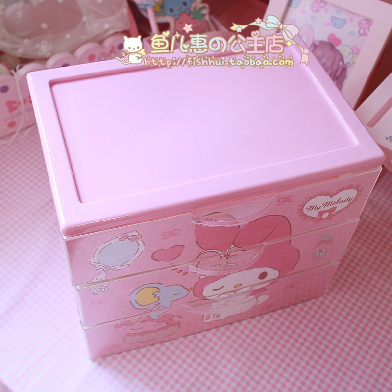 Dessin animé mignon petites étoiles jumelles ma mélodie trois couches tiroir boîte de rangement bacs créatifs filles bureau rose en plastique cosmétique