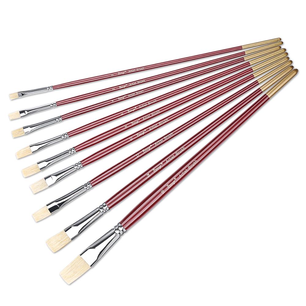 Bianyo 9Pcs Varkenshaar Haar Platte Kwasten Lange Handvat Olie Acryl Voor Kunstenaar Professionele Tekening Schilderen Kunst Levert