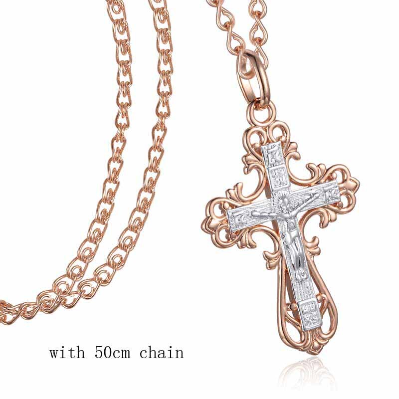 6 Style FJ Jewelry Women Mens Necklace Pendant 585 Rose Gold Color Mixed Cross Crucifix Pendants Snail Chains: PN0066  50cm chain