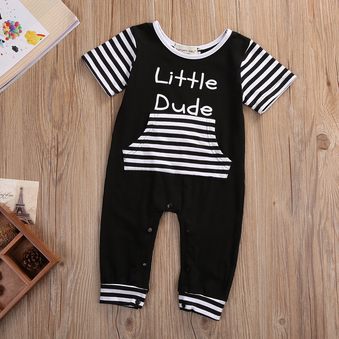 Little Dude Newborn Baby Boy Clothes Summer Short Sleeve Striped Cotton Romper Outfits Toddler Kids Jumpsuit