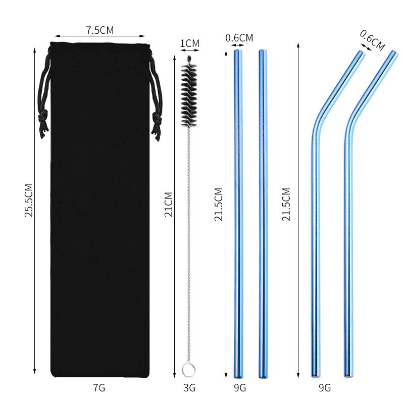 Food Grade Eco-Friendly 304 Stainless Steel Metal Straw Set with Cleaning Brush Convenient Party Milk Tea Drink Straw Reusable: F