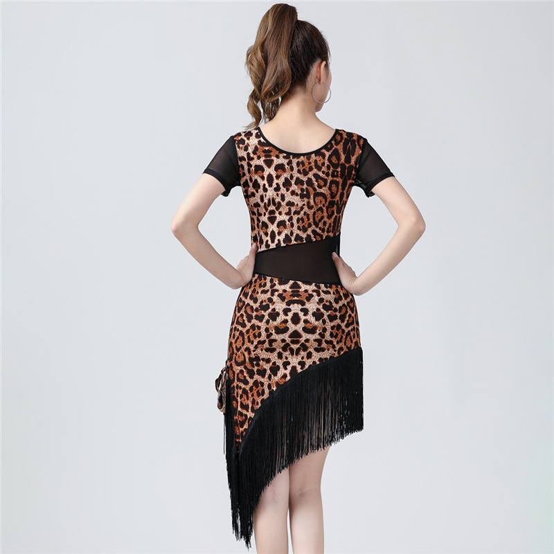 Ladies Latin Dance Training Tassel Clothing Women Summer Ballroom Tango Salsa Rumba Costume Leopard Print Short Sleeve Dancewear