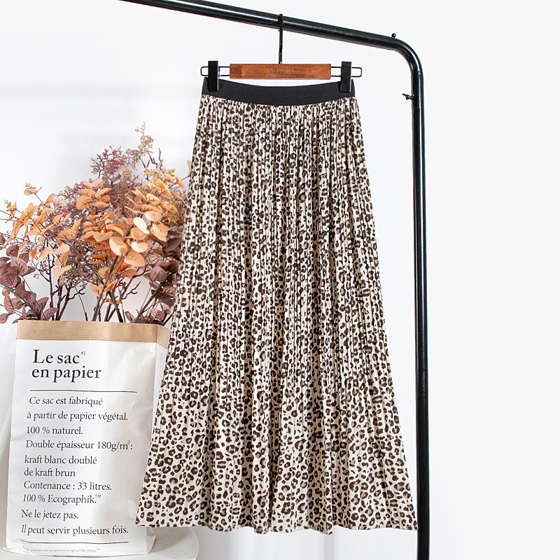 Jupe longue plissée en mousseline de soie imprimé léopard pour femmes, printemps, Vintage, ligne A, élastique, taille haute, VD2285: apricot