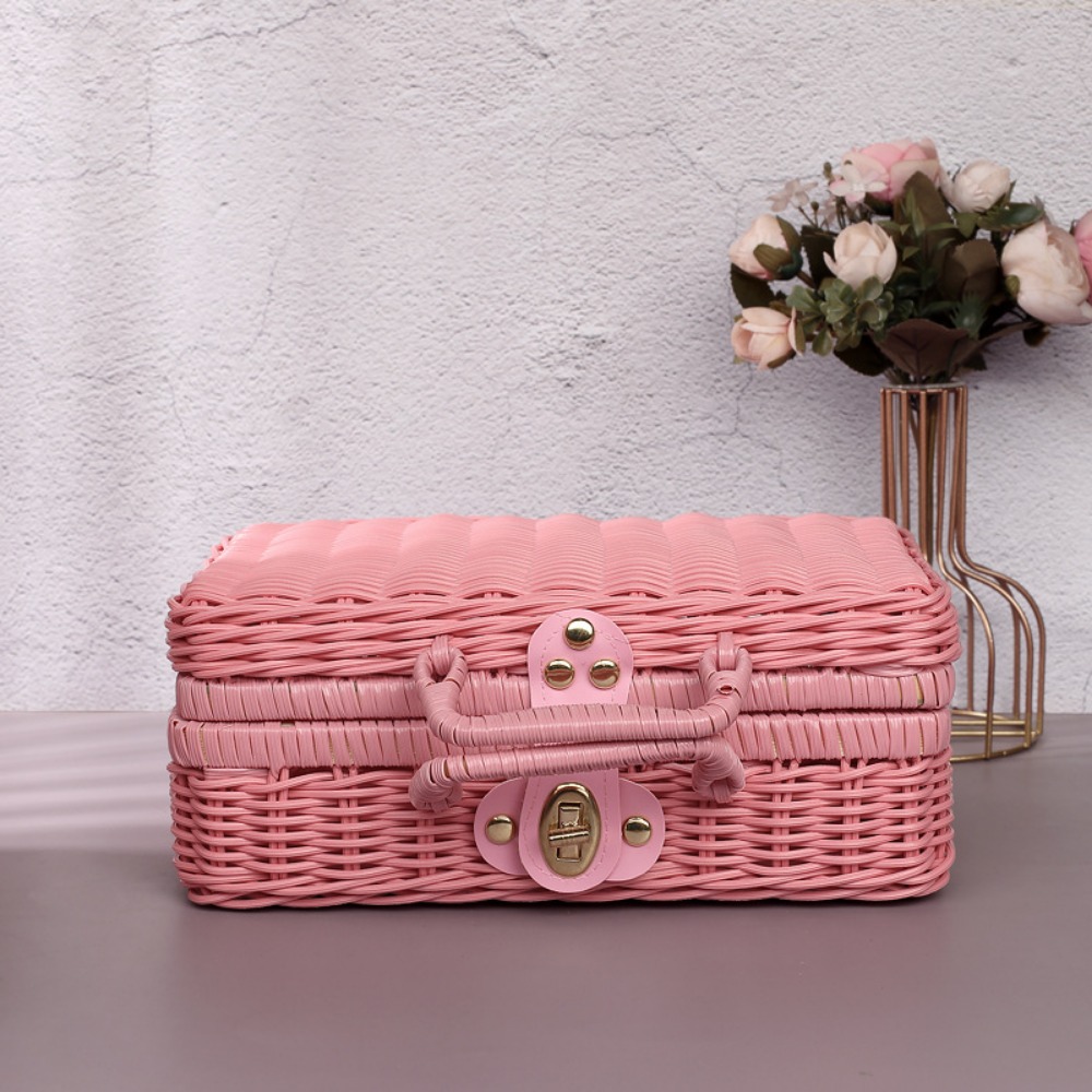 Caja de tejida, caja de almacenamiento de mimbre tejida de simulación, Retro con asa, maleta de boda, cestas tejidas para Picnic en el hogar, boda: Beige