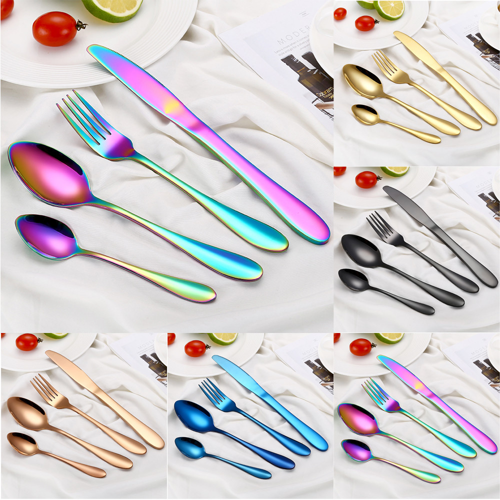 4 st/set färgglada bestick rostfritt stål porslin stek kniv gaffel sked middag västerländsk mat hq regnbåge bestick set