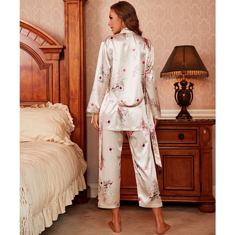 4Piece Summer Women's Silk Pajamas Suspenders Shorts Robe Trousers Sexy Nightgown Sleepwear Nightwear Set Night Gown