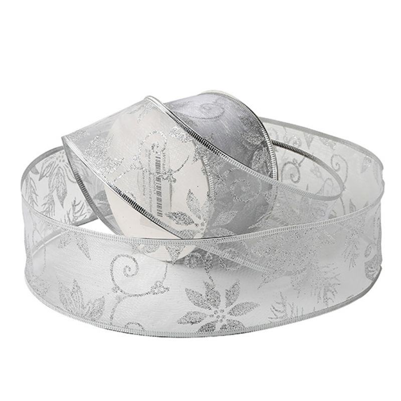 Rollo de 50 yardas de cinta de Navidad transparente con purpurina y flores para decoración del banquete de boda