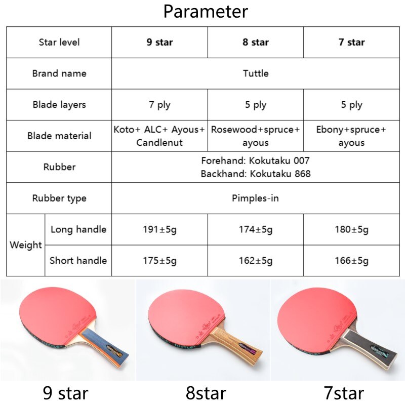 Tuttle 7 8 9 star Ping Pong Racket Table Tennis Racket Bat Wood Carbon Blade with ITTF Approved Rubbers