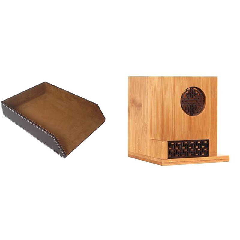 Pu Leer Collectie Brief Lade (Bruin) Met Multifunctionele Houten & Bamboe Pen Potlood Houder Desktop