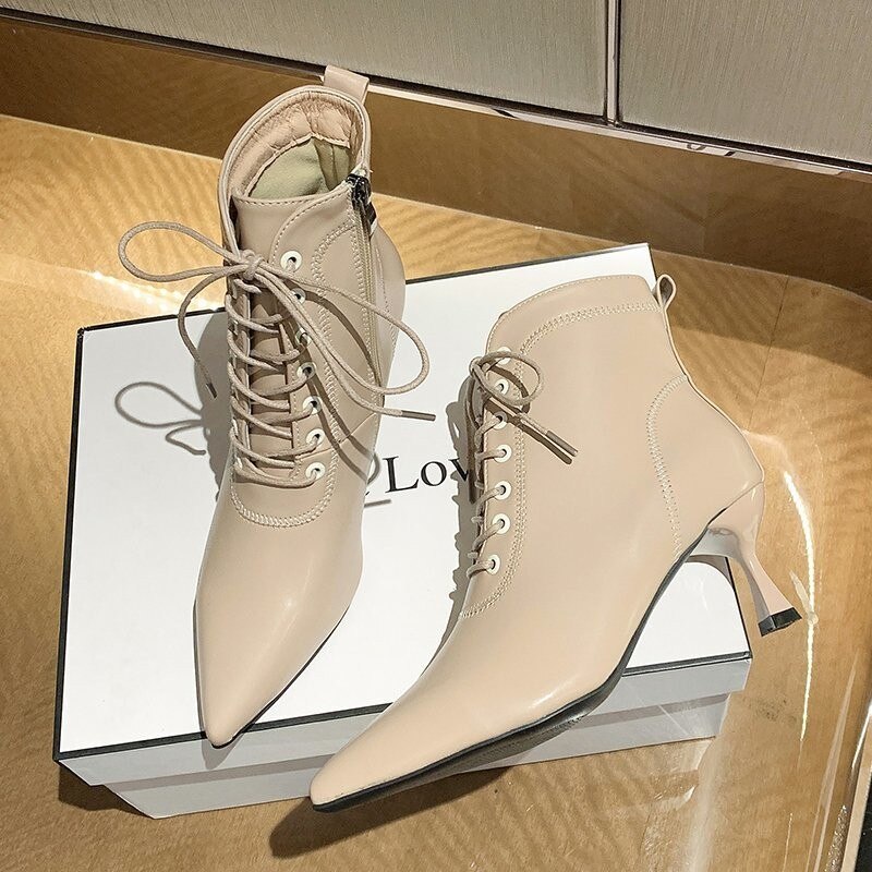 Stijl leren puntige neus stiletto hoge hakken winter streetwear veter enkellaarsjes kruisstrik chelsea boots