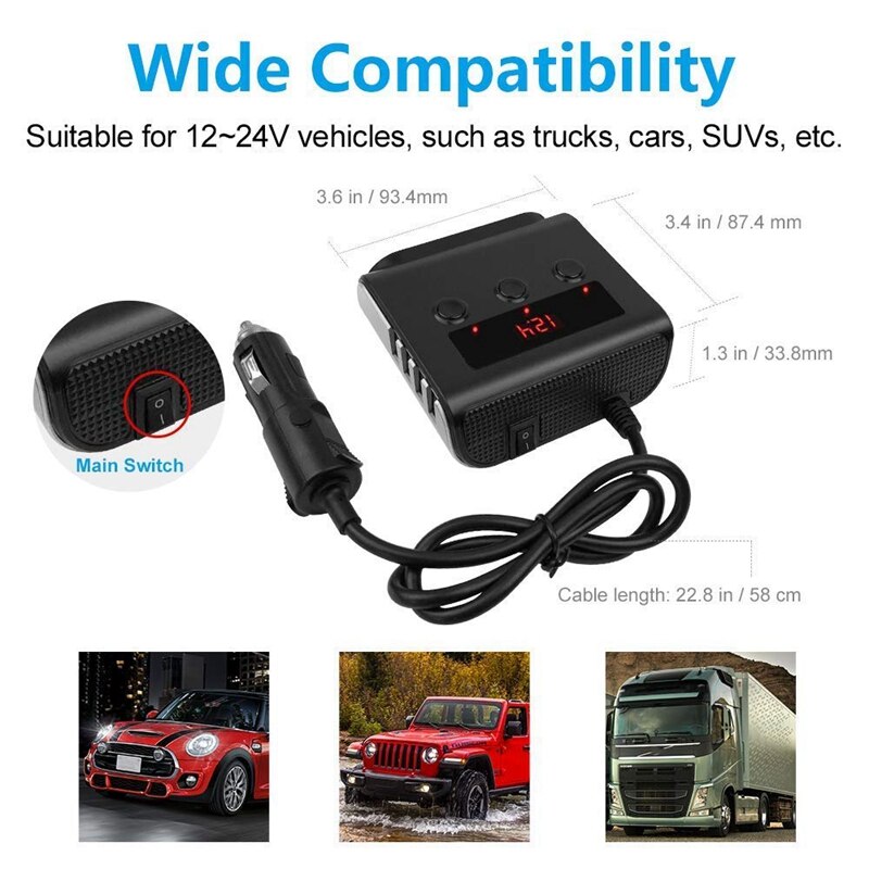 Car Cigarette Lighter Adapter, 100W 12V/24V Car Charger with 4 USB Ports and 3 Sockets Cigarette Lighter Power Splitter, On/Off