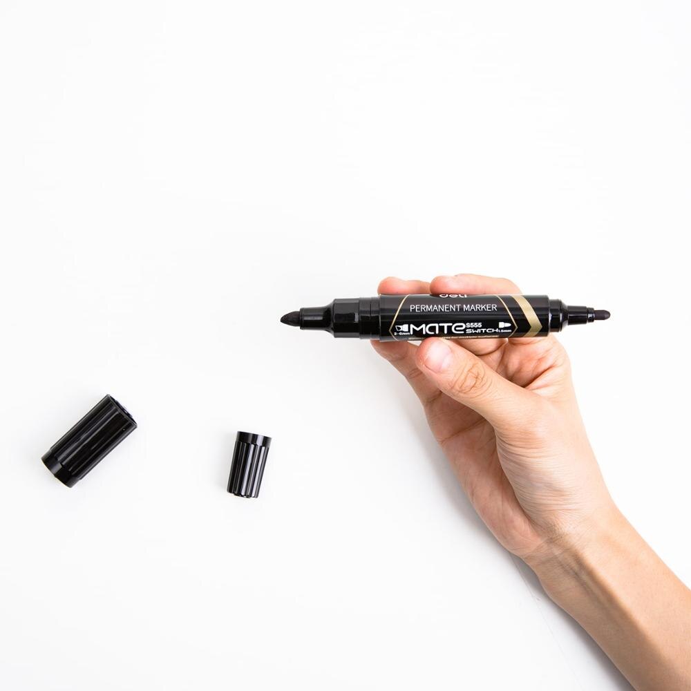 DELI Permanent Marker Dual Tips 10PCS/Box Bullet Tip 1.5mm Chisel tip 1-6mm Stationery Water Proof Permanent Marker Pens
