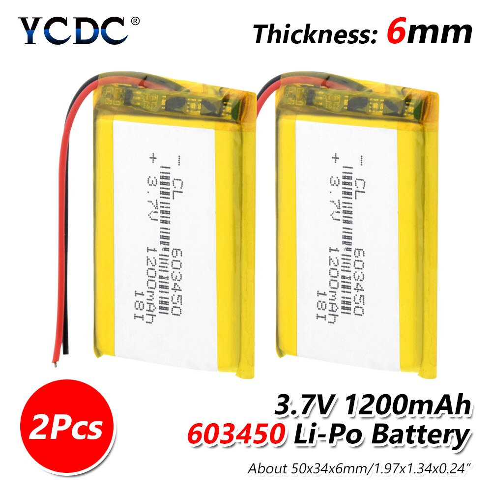 Rechargeable 3.7V 1200mAh 603450 Battery li-ion Lipo cells Lithium Li-Po Polymer Battery For MP3 MP4 GPS DVD LED Light Camera: 2 Pcs