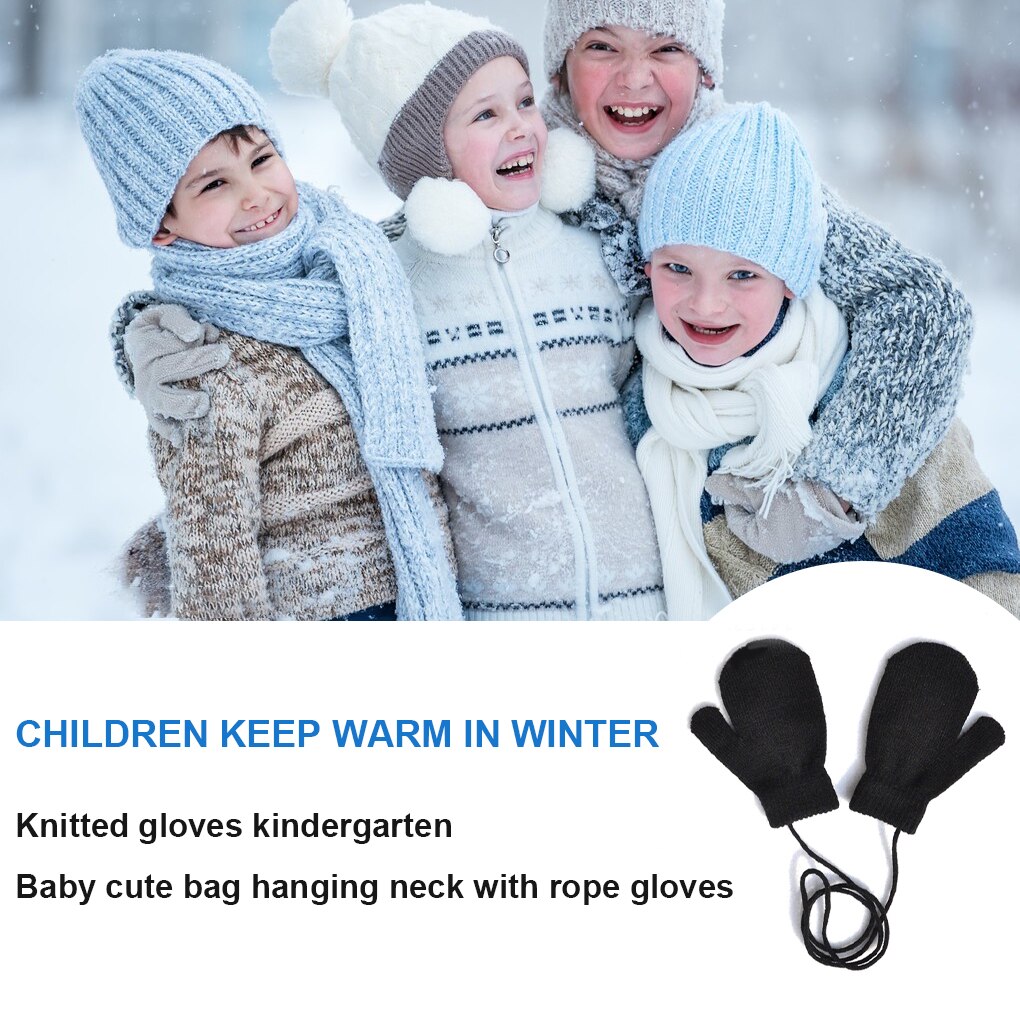1 Pair Toddler Glove Kids Knit Mitten Comfortable Children Finger Cover with String for Kid&#39;s Outdoor Wearing