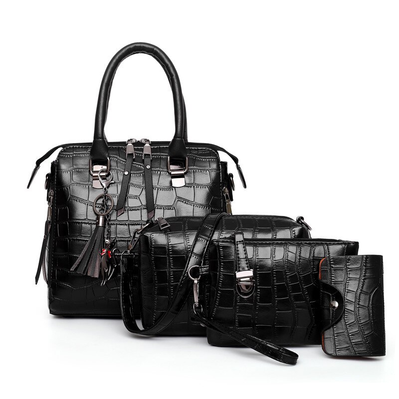 SMOOZA 4PS femmes sacs ensemble de luxe Crocodile femme sacs à main en cuir PU sacs à bandoulière gland Composite sacs sac de messager: Black