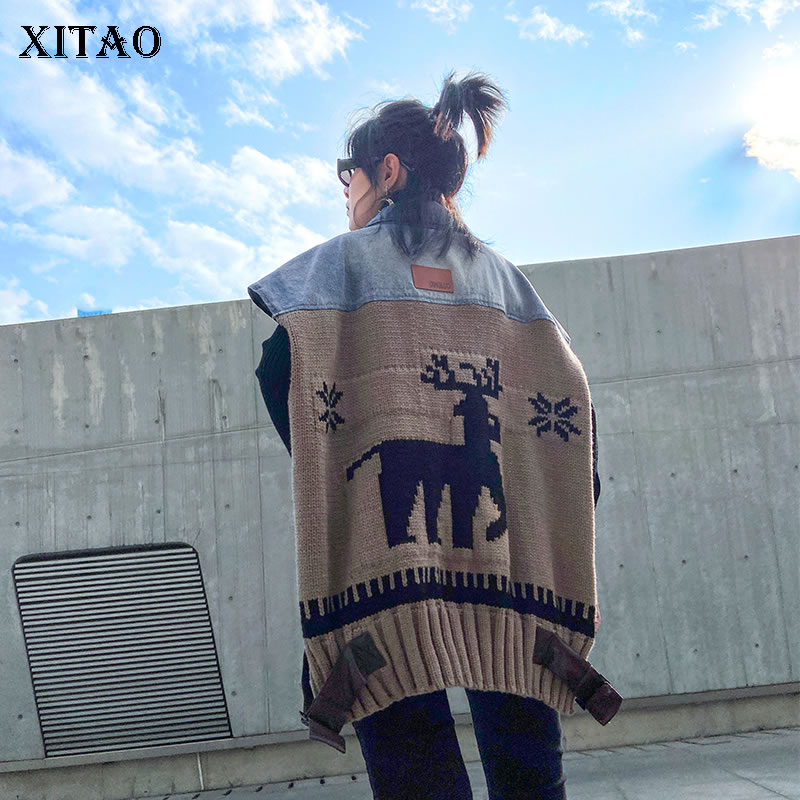 Xitao streetwear kvinder tøj forår kvinder vest strik sting plus size ærmeløse top trend veste vintage  xj3158
