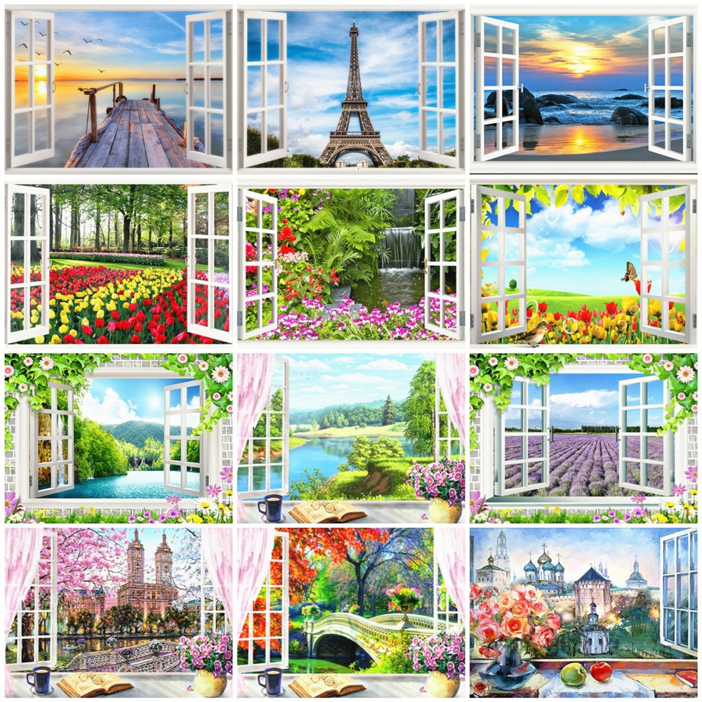 HUACAN peinture par numéros fenêtre paysage dessin sur toile peint à la main Art photo Kits bricolage décoration de la maison