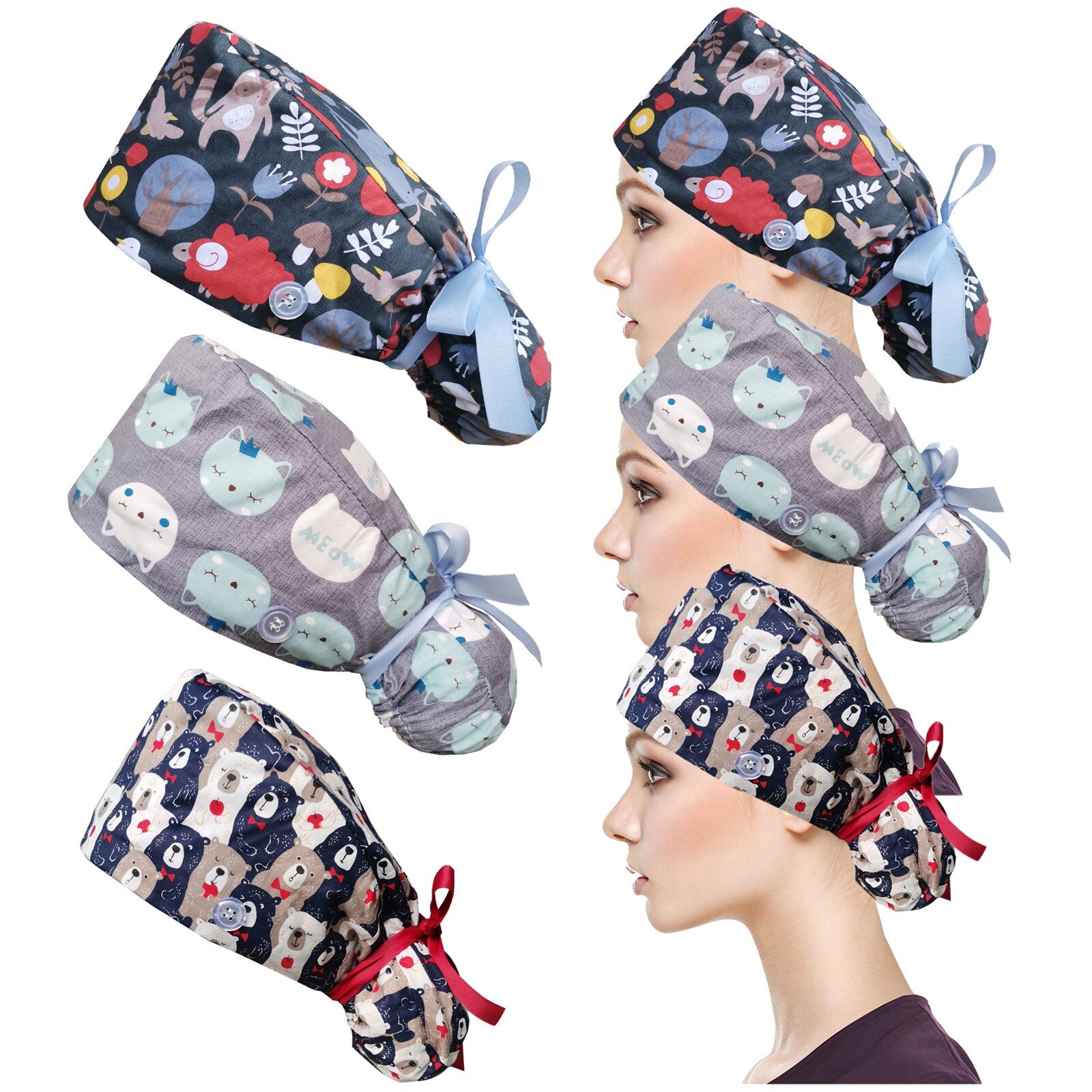 25# 3PC Unisex Adjustable Working Nursing Cap gorro quirófano Button Long Hair Sweatband Hat nurse Cap Cartoon print Gourd hat: E