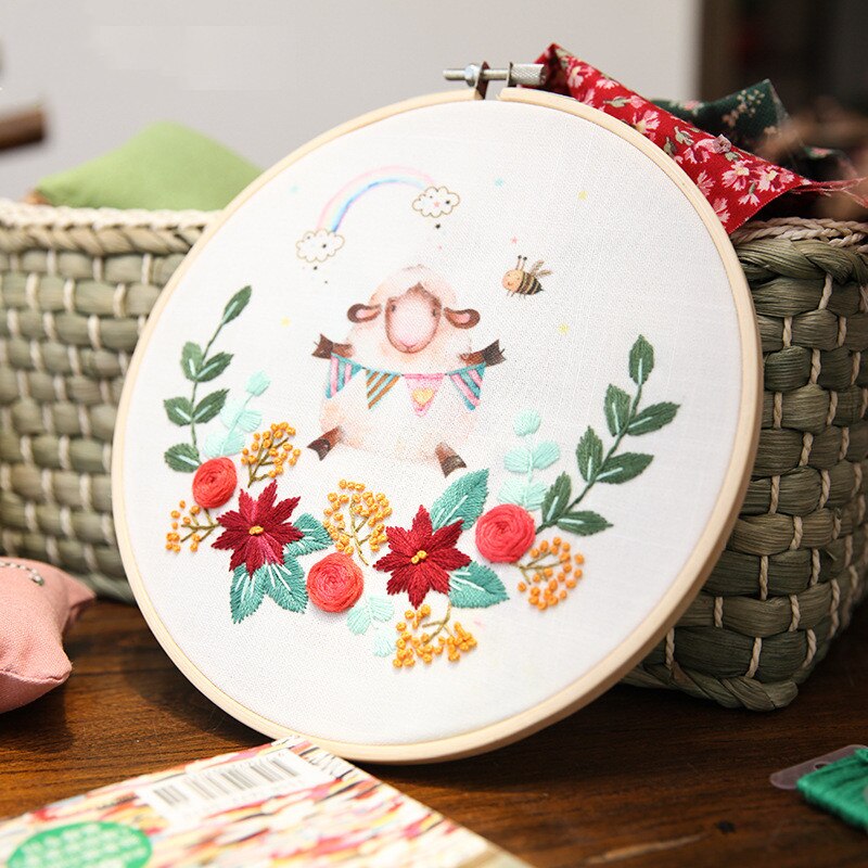 1 sett håndlaget broderisett til nybegynnere, nybegynnere å lage broderi blomstermateriale pakke tegneseriedyr med ramme hjemmeinnredning