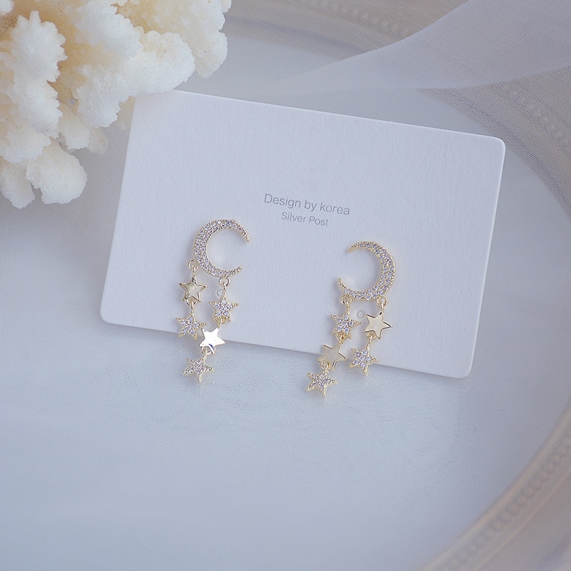 Korean Luxury Charm Star Moon Tassel Earring 14K Real Gold Pave Inlaid Zircon Stud Earring Anniversary Birthday Jewelry