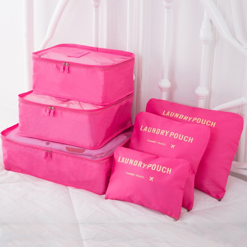 6 PCS Travel Storage Bag Set For Clothes Tidy Organizer Wardrobe Suitcase Pouch Travel Organizer Bag Case Shoes Packing Cube Bag: Rose Red