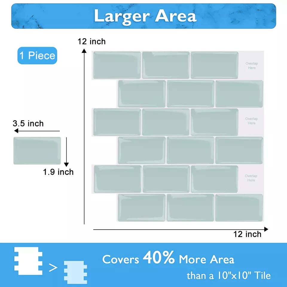 Mint Green Subway Tile Peel and Stick Brick 3D DIY Self Adhesive Wall Decal Sticker Kitchen Bathroom Home Decor Vinyl