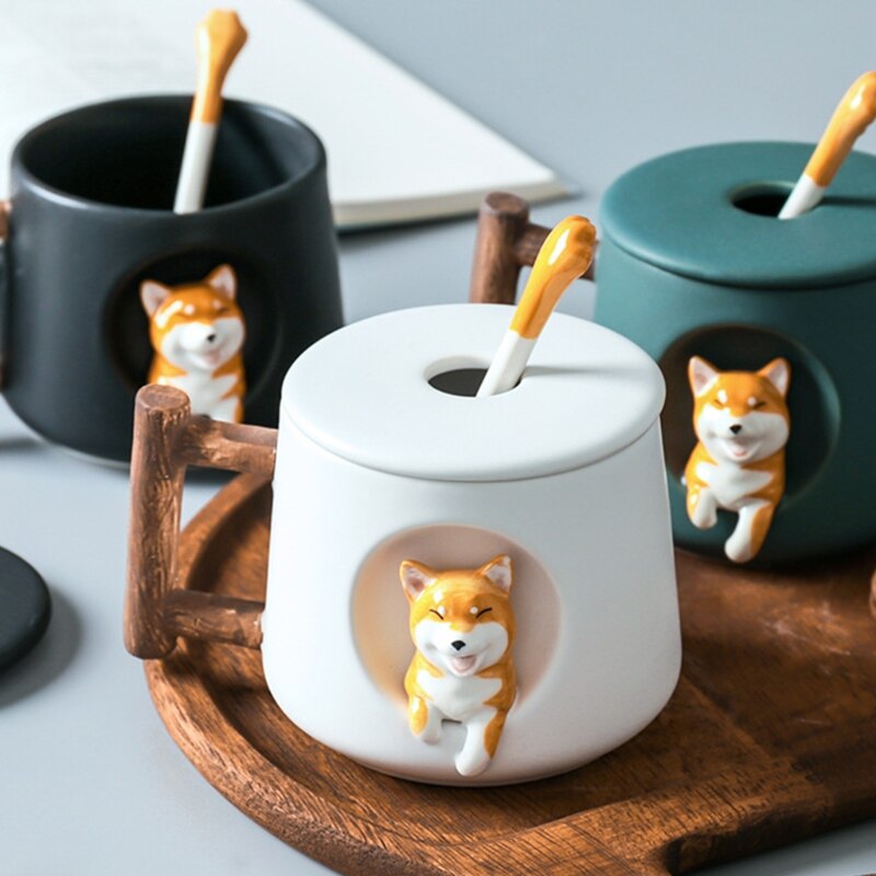 Taza de cerámica con dibujos de animales Shiba Inu para hombre y mujer, creativa, pareja con tapa, cuchara para beber, taza de agua café