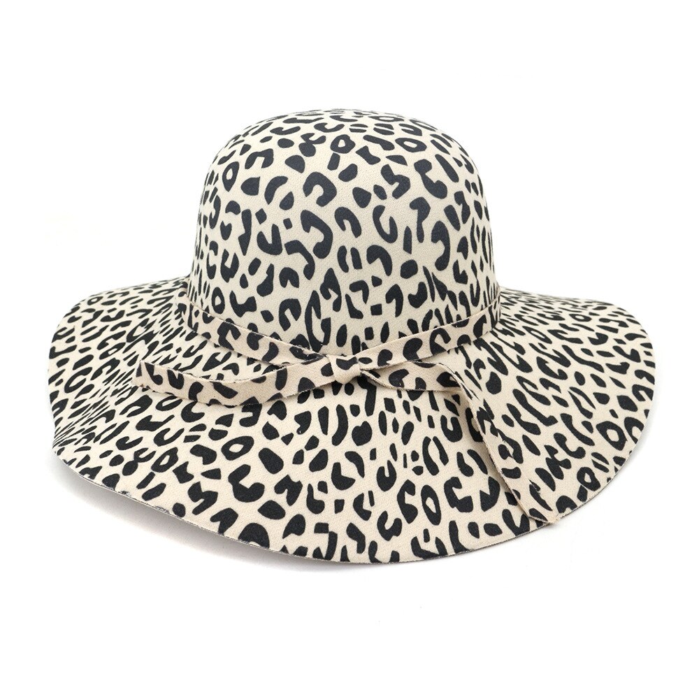 Stor brätte leopardmönstrad filt kupolhatt dam fedora hattar fascinators hatt för kvinnor diskettmössa solskydd chapeau: Beige