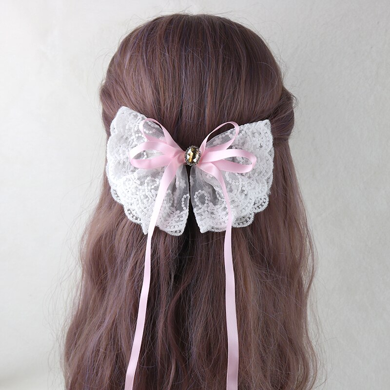 Japanse Lolita Meisje Lange Streamer Haarspeld Prinses Clip Handgemaakte Strik Kant Haar Accessoires Vrouwen Paardestaart Clip: Light Pink