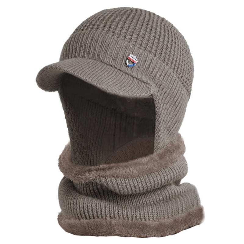 Heren winter 2 -delige set met klep, oorkleppen, muts en cirkelsjaal, gebreide dikke, pluche voering, skullies baseballpet, winddicht: Khaki
