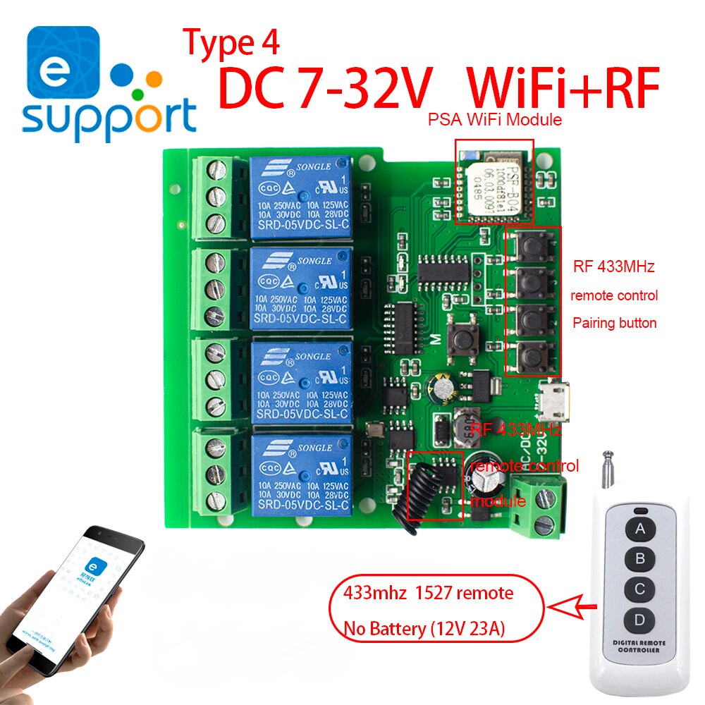Dc 5V 7V-32V 250V Ewelink Diy Wifi Relais Module Schakelaar Ondersteuning Tippen Self-vergrendeling Interlock Modus Voor Verlichting: 32V WiFi-RF-remote