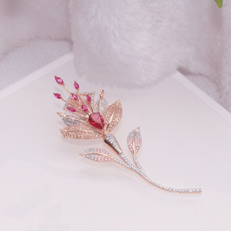 925 Sterling Silver Brooch - Pink & Blue Flower Inlay Zircon Stones - Women's Party Jewelry: Pink