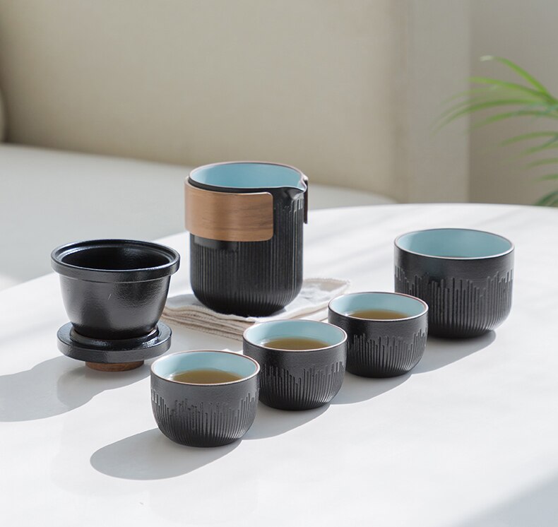 Tangpin svart servise keramiske tekanner med 3 kopper bærbar reise te sett drinkware