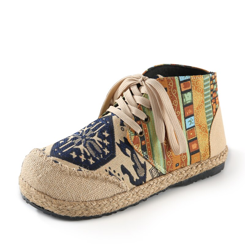 Vrouwen Schoenen Boho Katoen Linnen Canvas Enkele Nationale Geweven Ronde Neus Lace Up Doek Schoenen Vrouw Flats Maat 35-40: Blauw / 36