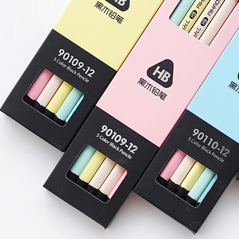Triángulo Kawaii negro de madera lápiz de madera HB Color caramelo estudiante pintado de madera lápiz 12 palos para escribir suministro Oficina colegio