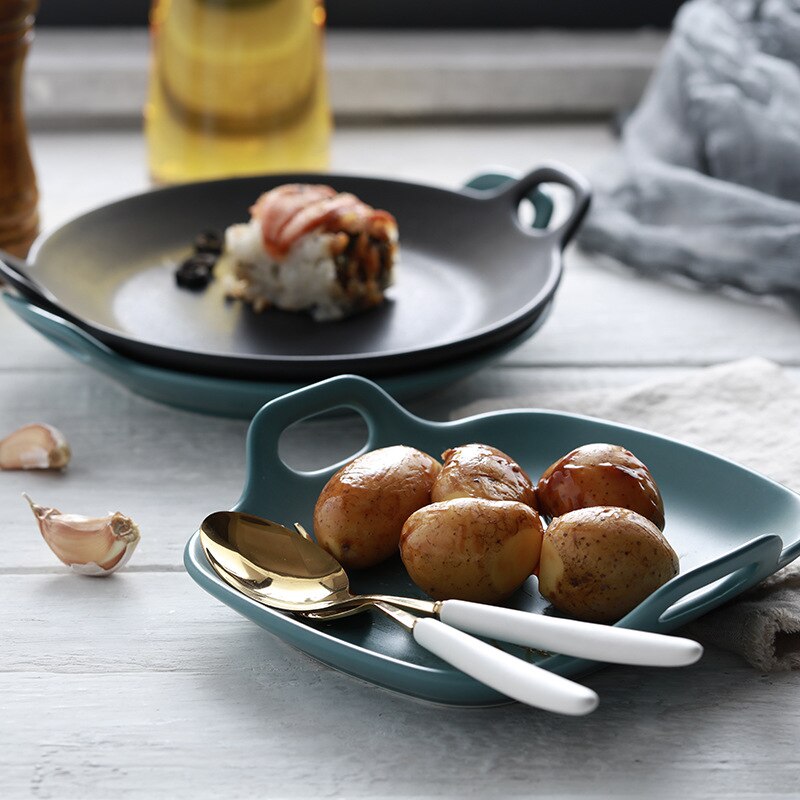 Nordisk retro keramisk tallerken med håndtak rund frokost middag tallerken årgang lagring brød dessert fruktbrett hjem dekorasjon
